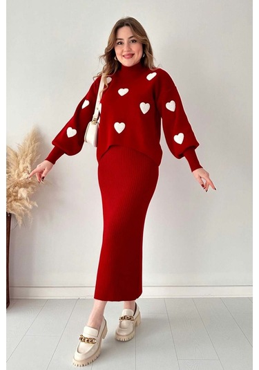 Kırmızı Kalp Kazak Midi Boy Elbise Takım Kırmızı