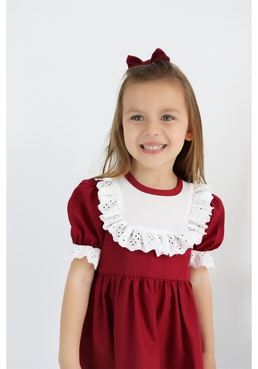 Kız Çocuk Bordo Ruby Fırfırlı Dantel Detaylı Kısa Kollu Elbise Bandana Takım Elb-0070.6 Bordo