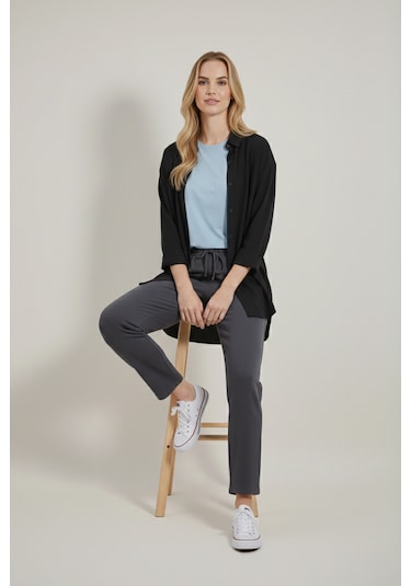 Yxc Trend Maker Oversize Uzun Basic Bayan Keten Gömlek Siyah