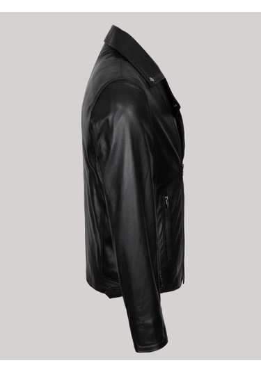 Hakiki Kuzu Derisi Siyah Erkek Deri Mont Mono Yaka Deri Ceket Siyah