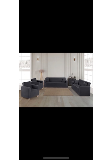 Antrasit 3+3+1+1 Streç Lastikli Esnek Jakarlı Koltuk Örtüsü