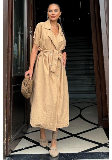Kadın Bej Kruvaze Yaka, Kısa Kollu, Kemer Detaylı, Rahat Kesim, Midi Keten Elbise Bej