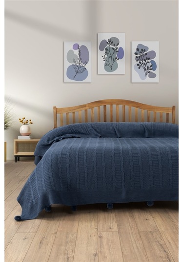 Tek Kişilik Triko Örme Battaniye - Yumuşak Dokulu & Şık Yatak Örtüsü-örgü Battaniye -indigo Indıgo Indigo