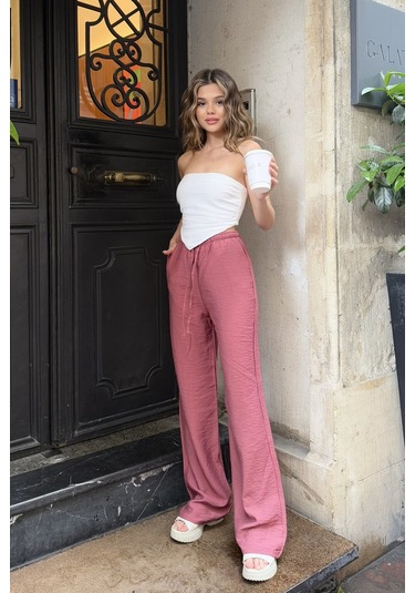Pembe Keten Karışımlı Bol Kesim Pantolon Gül Kurusu