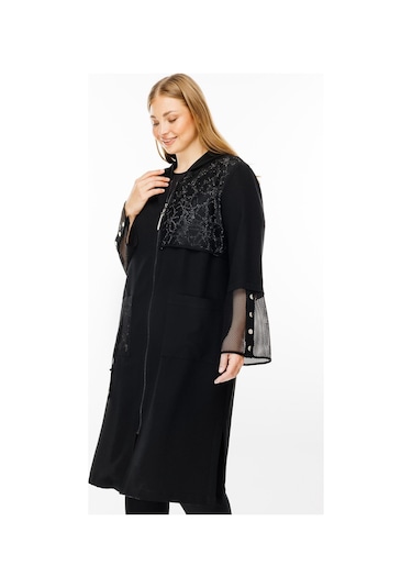 Moda İlgi Kadın Büyük Beden Fileli Ve Taş Detaylı Kapüşonlu Kap 7020 Siyah Siyah