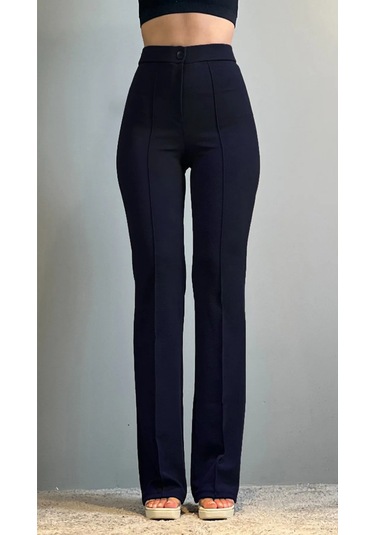 Krep Kumaş Likralı Önü Çimalı Kahverengi Kadın Palazzo Pantolon Lacivert