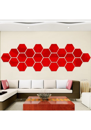 Xiyyadms Kırmızı Akrilik Yansıtıcı Duvar Sticker, 4.6x4.6 Cm Altıgen Kare, Oturma Odası-koridor Dekorasyon, 12 Adet Set