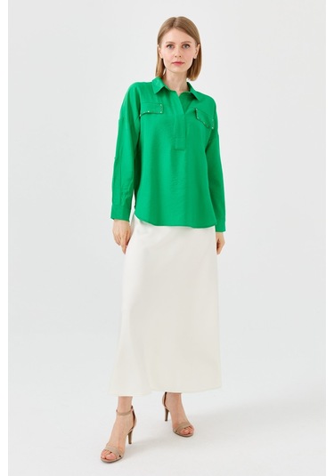 Kadın Polo Yaka Cepli Bluz Yeşil Yeşil