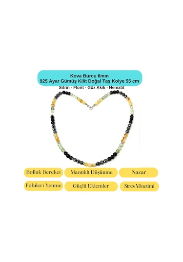 Sertifikalı Kova Burcu 6mm 925 Ayar Gümüş Doğal Taş Kolye 55 Cm