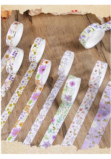 Kare Vintage Washi Tape Bant Yapışkanlı Maskeleme Kağıdı Desenli Bant 12'li - Mor Çiçekler 1