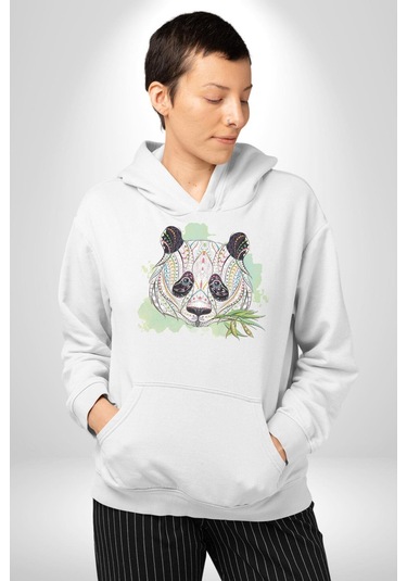 Panda Mandala Kadın Erkek Beyaz Kapüşonlu Sweatshirt Hoodie Beyaz