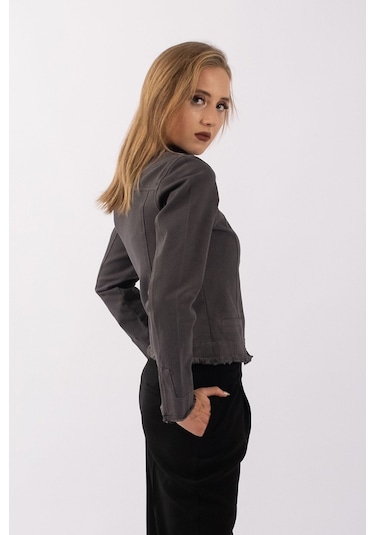 Bold & Young Kadın Yağ Yeşili Power Strech Çıt Çıtlı Slim Fit Denim Ceket Antrasit