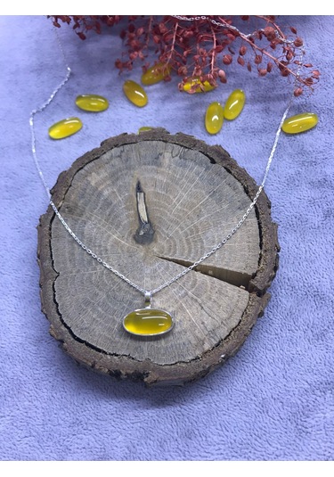 Sarı Akik Taşlı Gümüş Kolye 925 Ayar Doğal Taş