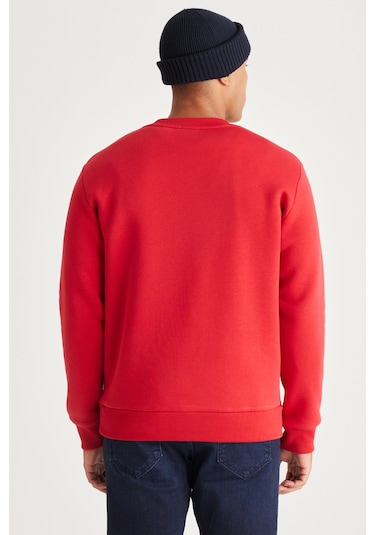 AC&Co / Altınyıldız Classics Erkek Kırmızı Standart Fit Normal Kesim İçi Polarlı Bisiklet Yaka Sweatshirt Kırmızı