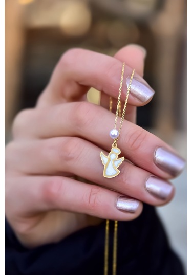 925 Ayar Gümüş Gold Kaplama Parlayan Rüya Serisi Tasarım Incili Beyaz Ebruli Cam Boyalı Melek Kolye