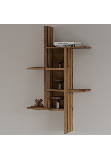 Madagaskar Duvar Rafı Asimetrik Tasarım, Duvara Monte Dekoratif Kitaplık Antik Ceviz