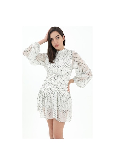 Büzgülü Puantiyeli Şifon Elbise - Ekru-ekru Ekru