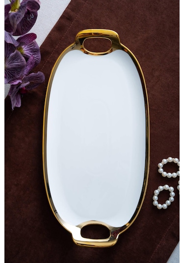 Acar Arven Oval Gold Sunum Tepsisi - 41 Cm Beyaz