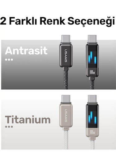 Usams Us-sj744 Type-c To Type-c 100w Meteor Efekt Ekranlı 1.2m Hızlı Şarj Ve Data Kablosu Antrasit