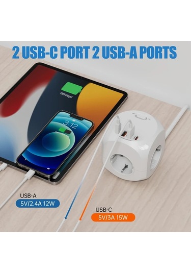 Honeybeeshop Beyaz 4 Delikli Cok Amacli Priz Uzatma Kablosu 4 Usb Arayuzu Avrupa Standarti 4 Prizi Ofis Ev Seyahat Icin