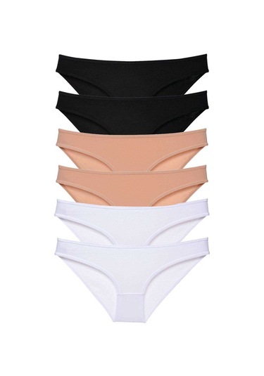 6 Adet Set Likralı Kadın Slip Külot Siyah Ten Beyaz