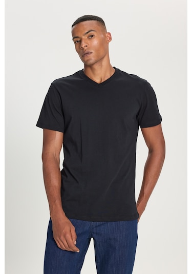 Ac&Co / Altınyıldız Classics Dar Kesim V Yaka Pamuklu Erkek Tişört Siyah