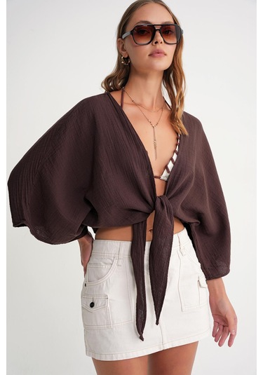 4723 Kadın Önü Bağlamalı Bolero Bluz Kahve Kahve