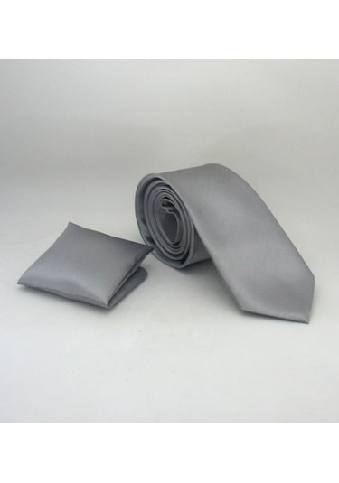Gri Slim Fit Düz Renk Mendilli Saten Kravat - SS-04 Gri