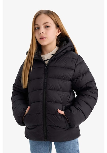 Defacto Kız Çocuk Su İtici Kapüşonlu Fermuarlı Şişme Mont E5406a825aubk27 Siyah