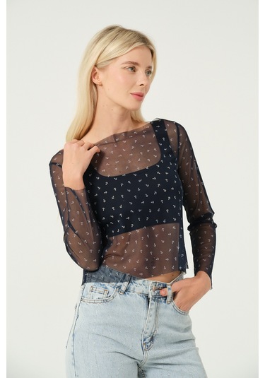 Transparan Bluz Siyah Koyu Lacivert