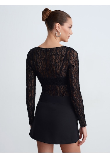 Dilvin 32764 Kayık Yaka Dantel Top-siyah