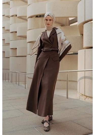 Armine Kruvaze Detaylı Keten Takım 25y6011 Kahverengi Kahverengi