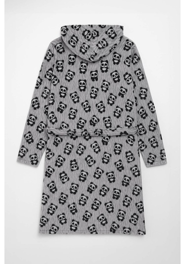 Kadın Kapüşonlu Panda Desenli Polar Sabahlık Gri