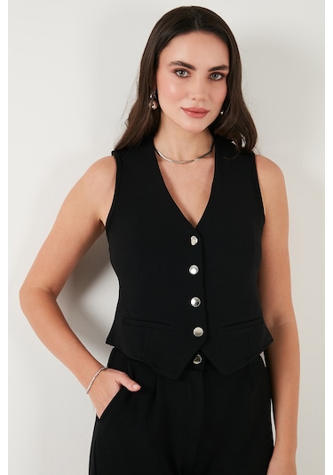 Lela Regular Fit Yüksek Bel Bol Paça V Yaka Yelekli Bayan Takım 5866199 Siyah