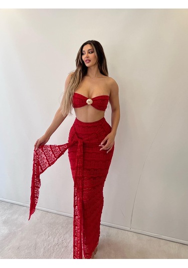 Kırmızı Sydney Seashell Lace Etekli İkili Taklım Kırmızı