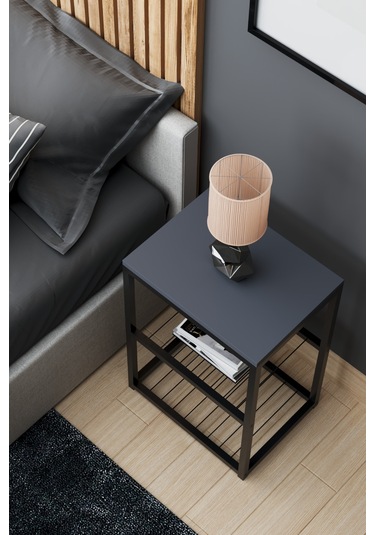 Metal Ayaklı Dekoratif Tel Raflı Komodin Antrasit Gri Antrasit