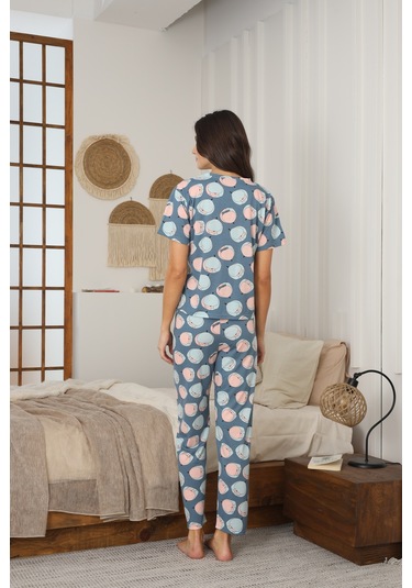 Kadın Yazlık Kısa Kol Penye Süprem Kumaş Pijama Takımı Mavi Turuncu