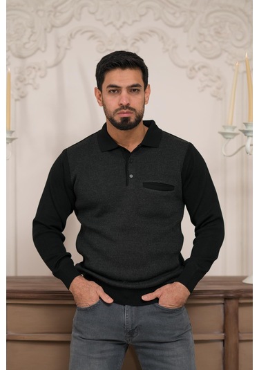 Woolen World Polo Yaka Cepli Armürlü Yünlü Erkek Triko Kazak Siyah