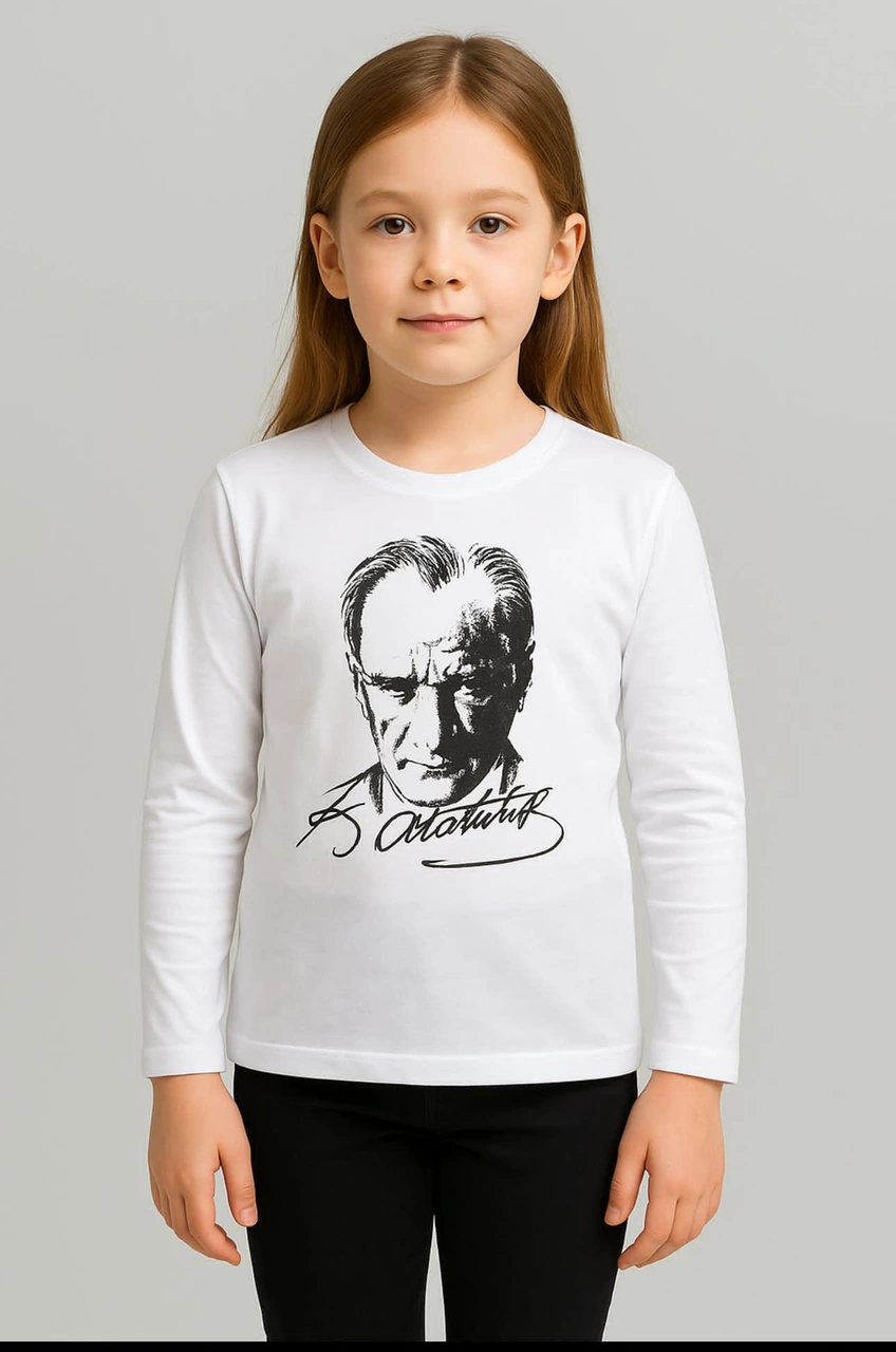 Gala Atatürk Baskılı Uzunkol Ünisex Çocuk Tişört Beyaz