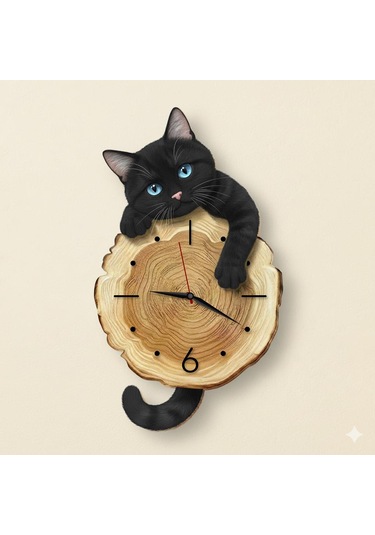 Cajuart Kütük Üzerinden Bakan Siyah Kedi Tasarımlı Duvar Saati Modern Dekoratif Saat Kahverengi