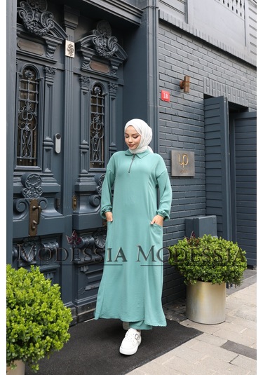 Kadın Mint Yeşili Aerobin Uzun Önü Yarım Fermuarlı İkili Takım T1220 Mint Yeşili