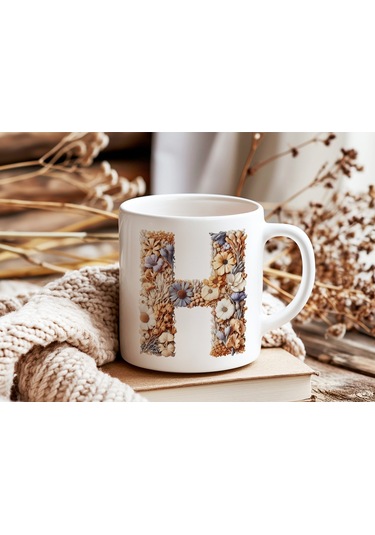 H Harfi Çiçek Desenli Kupa Bardak - Alfabe Harfleri İle Doğal Çiçekli Kupa - Hediye Fikir Beyaz