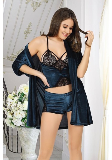 Sistina Bayan Petrol Yeşili Kadife Sabahlık Şortlu Takım 1397 Petrol Yeşili