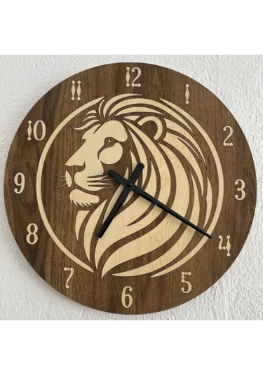 Safari Serisi - Aslan - Ahşap Duvar Saati - 40 Cm Ahşap