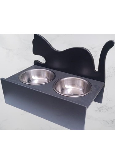 Hobi Erc Model 90375 Küçük Kedi Mama Su Kabı Mdf Antrasit Renk Paslanmaz Tabak