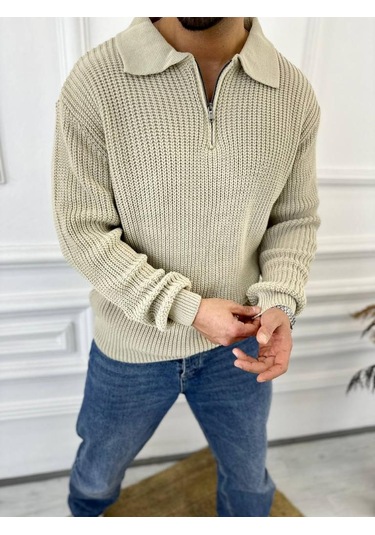 Kazak Oversize Tüylenmez Naturel Pamuk Fermuarlı Polo Yaka Örme Triko Kazak Krem