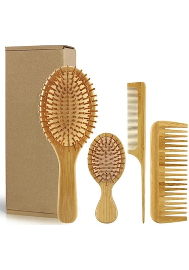 4 Parçadan Oluşan %100 Bambu Doğal Fırça Tarak Seti