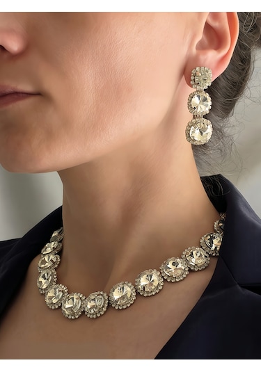 Riviere Kristal Taşlı Çiçek Model Şeffaf Renkli Kolye Küpe Set