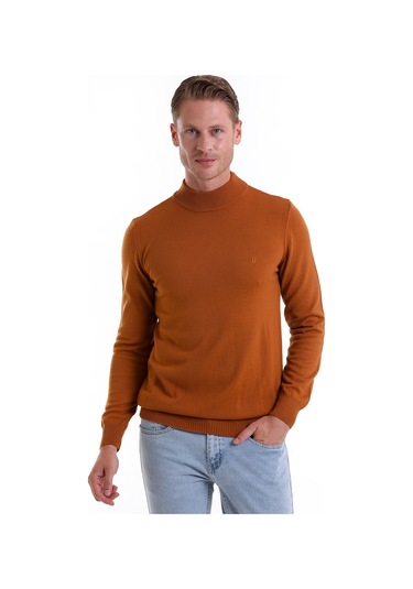 Hatemoğlu Regular Fit Düz Yarım Balıkçı Yaka Erkek Triko Kazak Camel