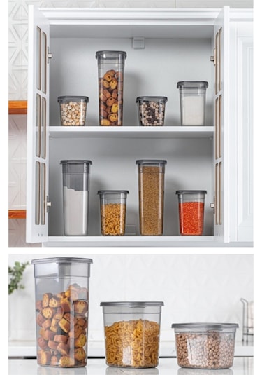 KitchenLife 9'lu Etiketli Moly Dikdörtgen Saklama Kabı Seti 1300ml Kapaklı Kahvaltılık - Çoklu Set Yapılabilen Siyah - Şeffaf